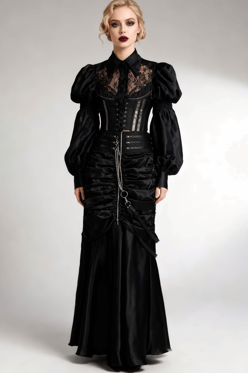 Black Bustle Skirt with Ruched Victorian Maxi Look