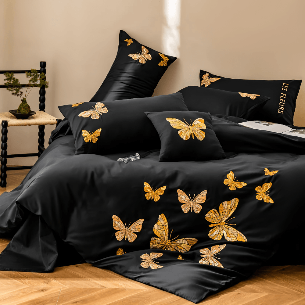 Black Butterfly Embroidered Egyptian Cotton Bedding Set