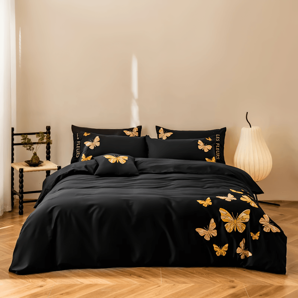 Black Butterfly Embroidered Egyptian Cotton Bedding Set