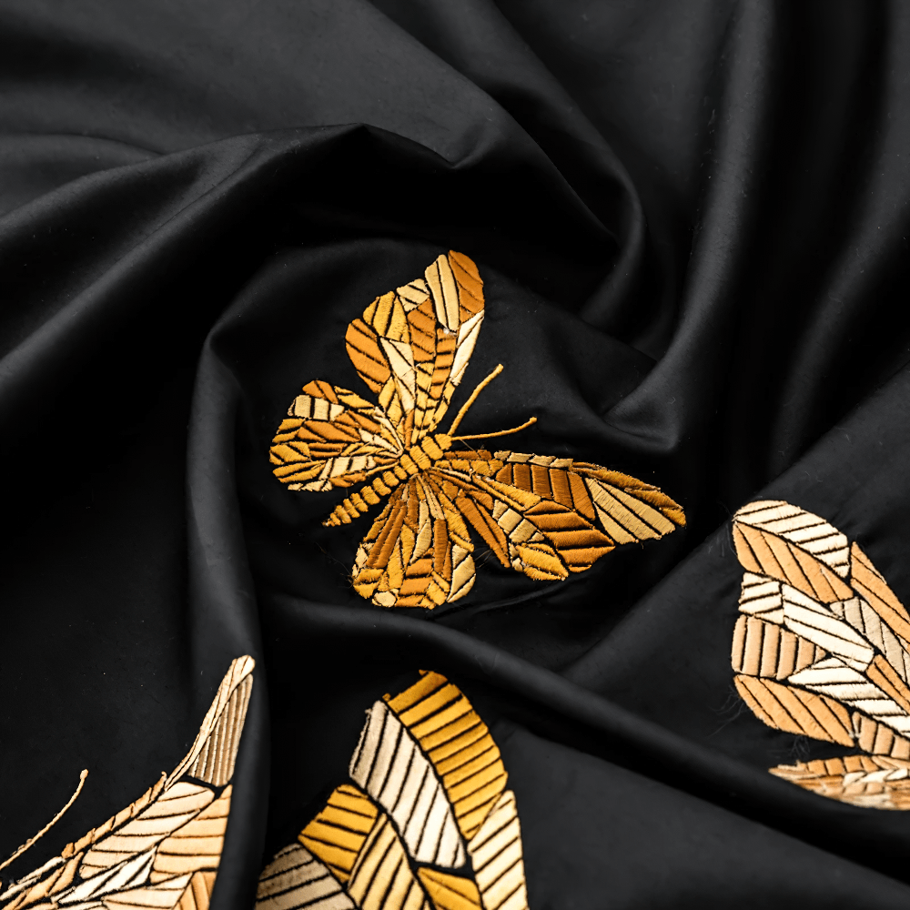 Black Butterfly Embroidered Egyptian Cotton Bedding Set