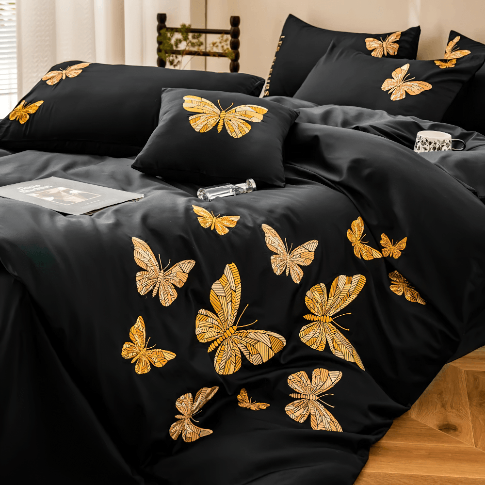 Black Butterfly Embroidered Egyptian Cotton Bedding Set