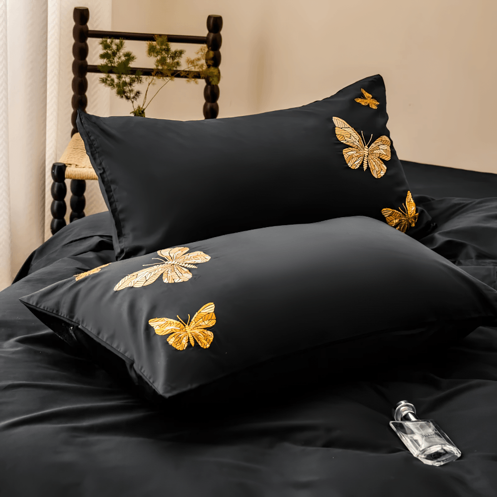 Black Butterfly Embroidered Egyptian Cotton Bedding Set