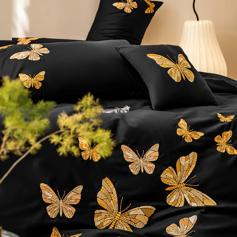 Black Butterfly Embroidered Egyptian Cotton Bedding Set