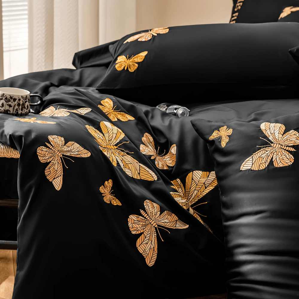 Black Butterfly Embroidered Egyptian Cotton Bedding Set