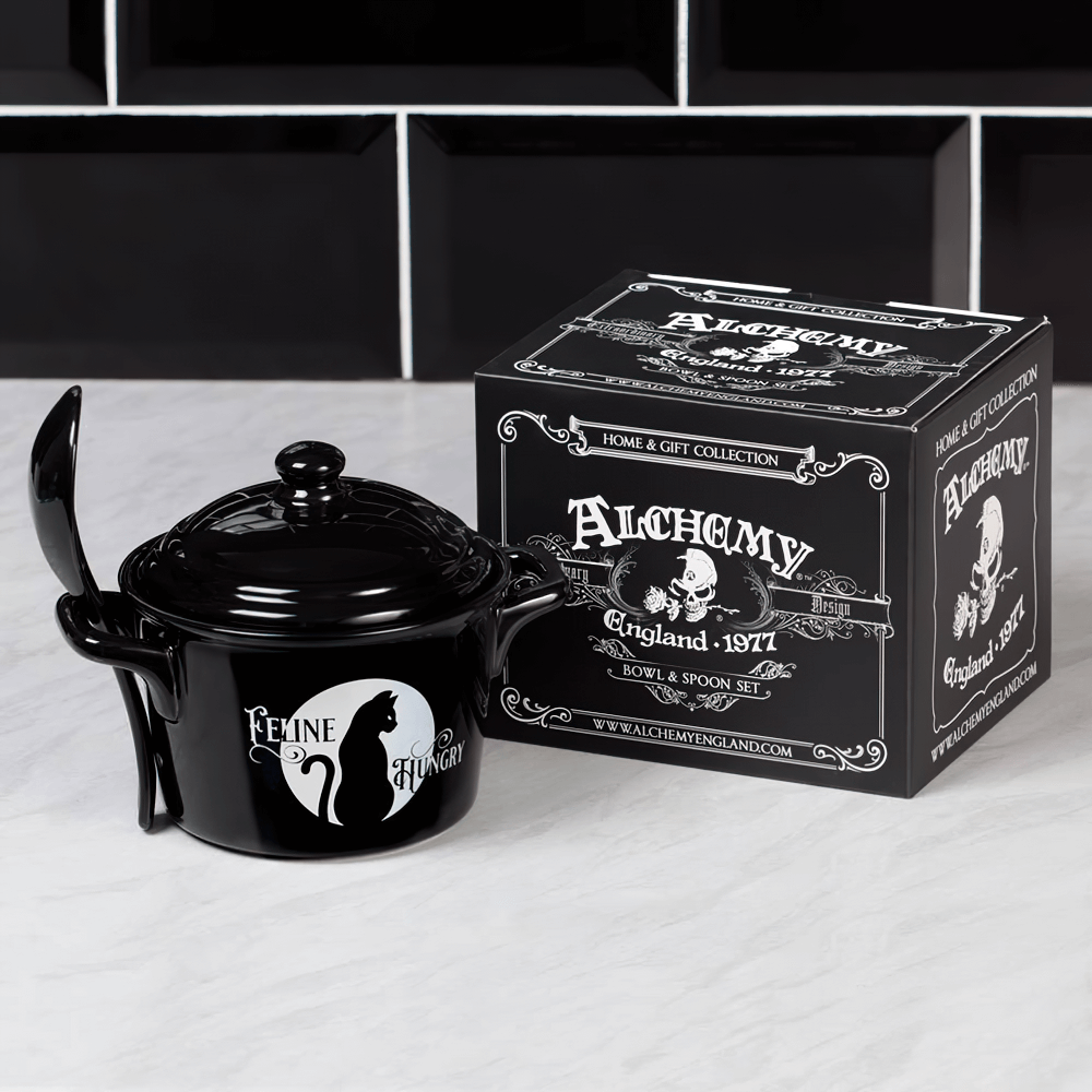Black Cat Cauldron Bowl and Spoon Set by Alchemy