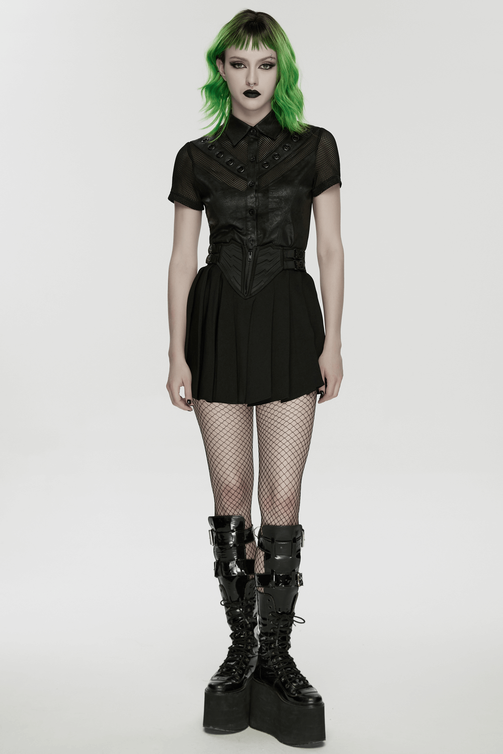 Black Cyberpunk Buckle Waist Pleated Mini Skirt