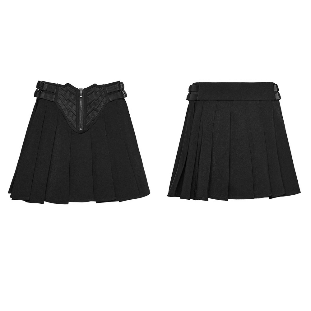Black Cyberpunk Buckle Waist Pleated Mini Skirt