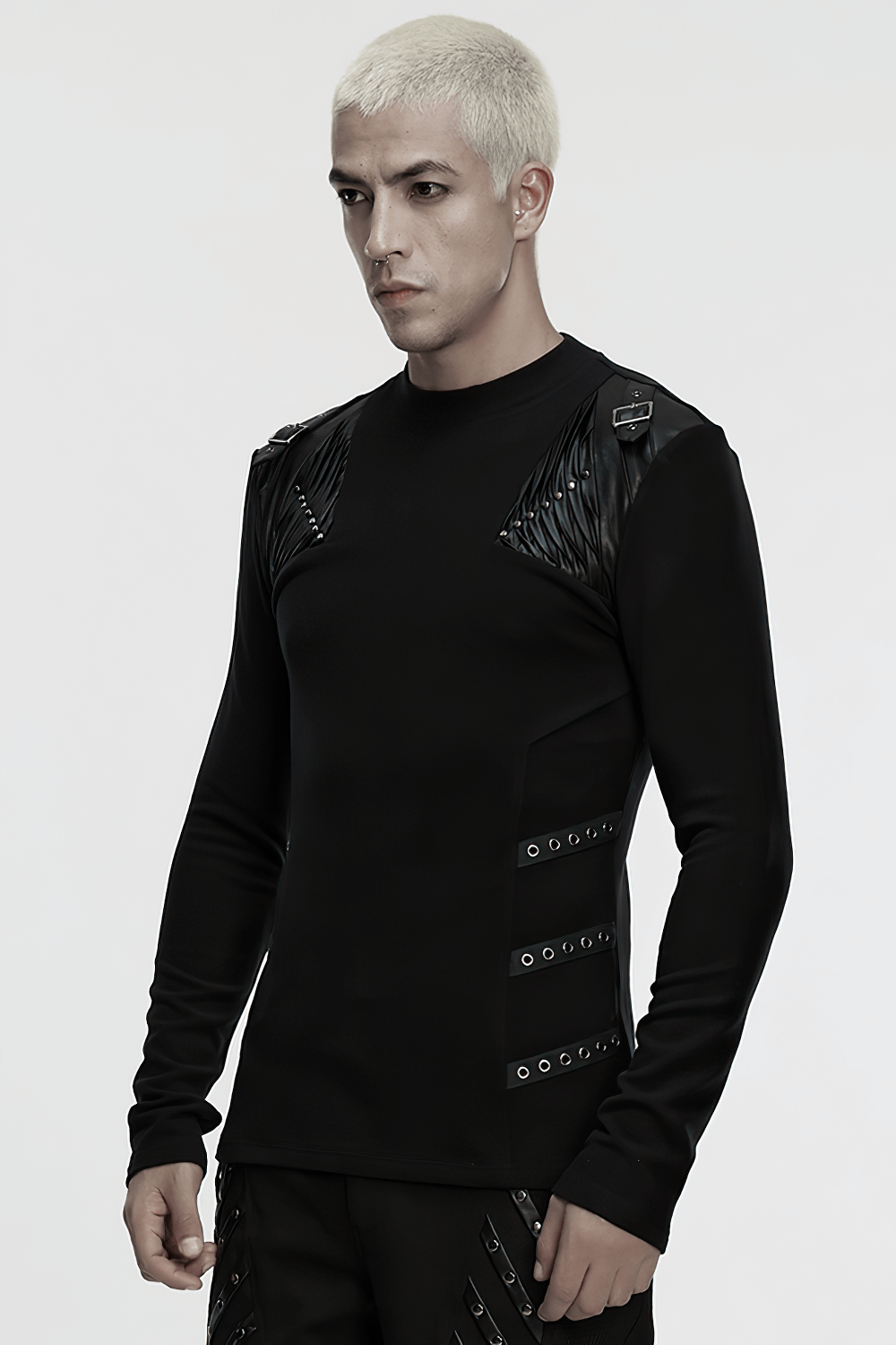 Black Cyberpunk Long Sleeve Top with Textured Panels