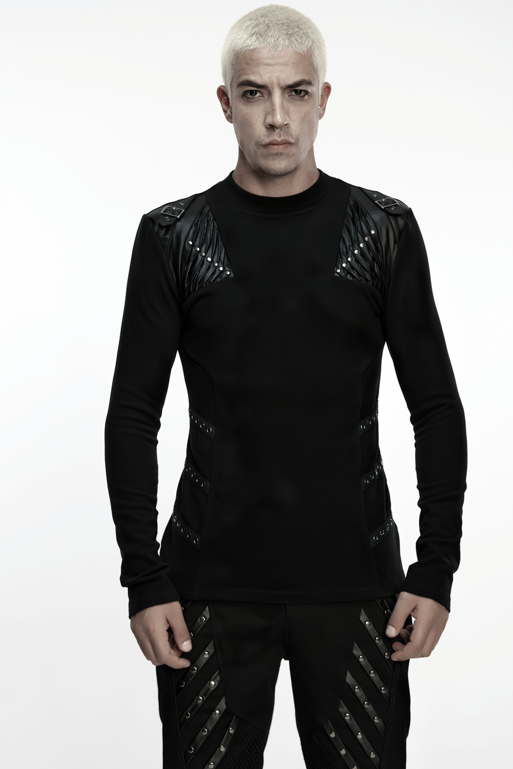 Black Cyberpunk Long Sleeve Top with Textured Panels