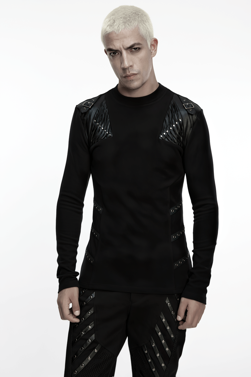 Black Cyberpunk Long Sleeve Top with Textured Panels