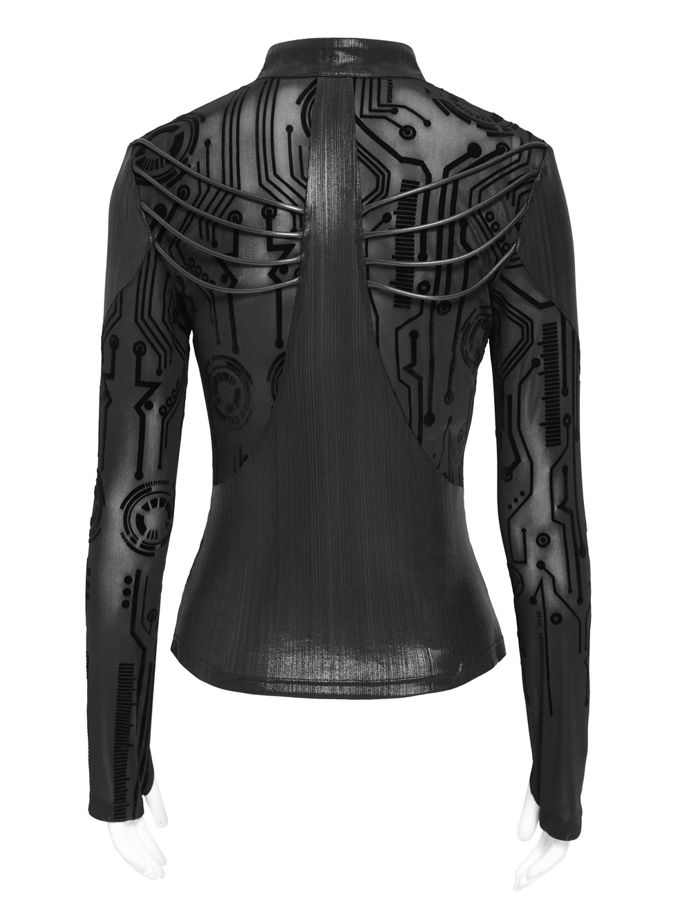 Black Cyberpunk Mesh Circuit Print Zip Up Techwear Top