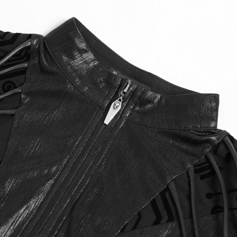 Black Cyberpunk Mesh Circuit Print Zip Up Techwear Top
