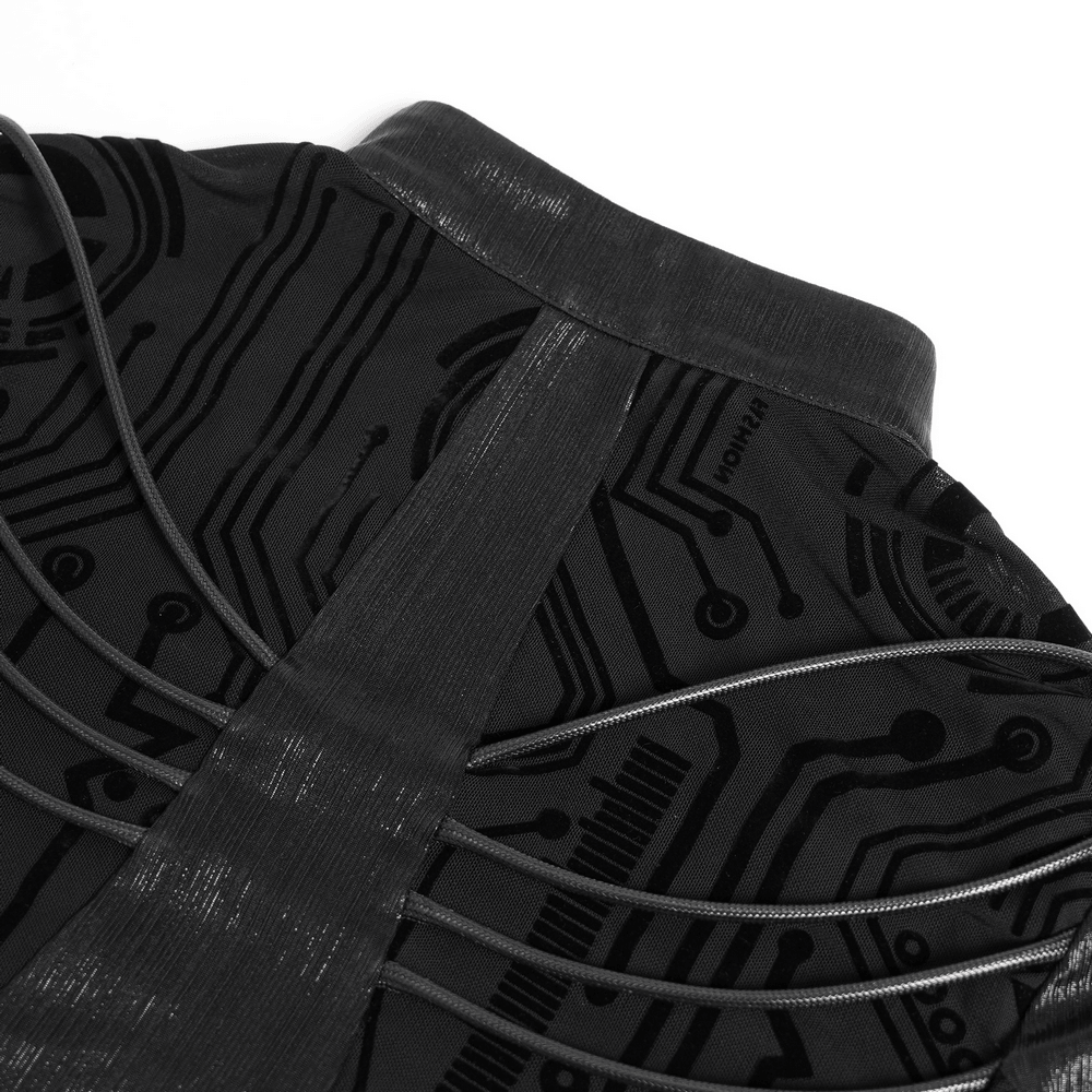 Black Cyberpunk Mesh Circuit Print Zip Up Techwear Top