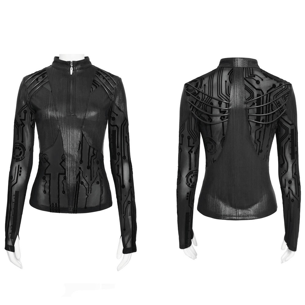 Black Cyberpunk Mesh Circuit Print Zip Up Techwear Top