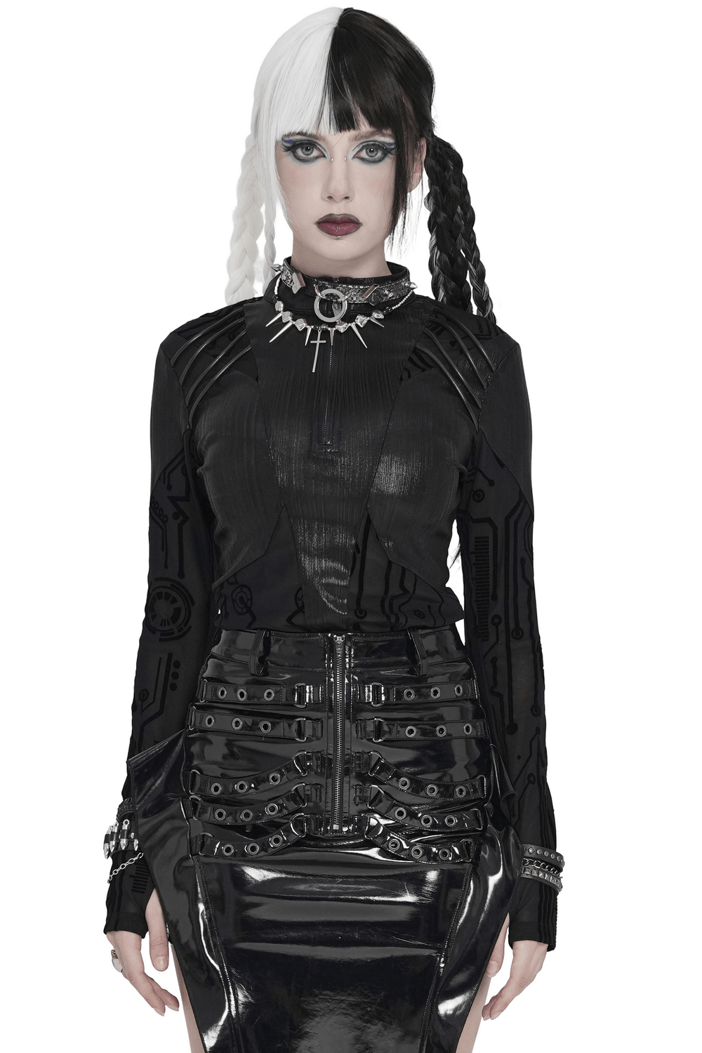 Black Cyberpunk Mesh Circuit Print Zip Up Techwear Top