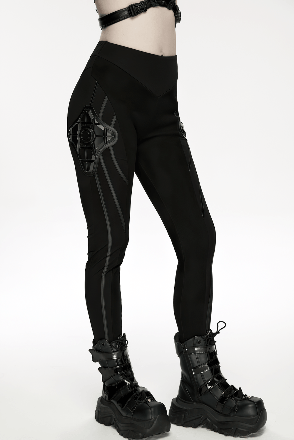 Black Cyberpunk Panel Leggings with 3D Side Armor