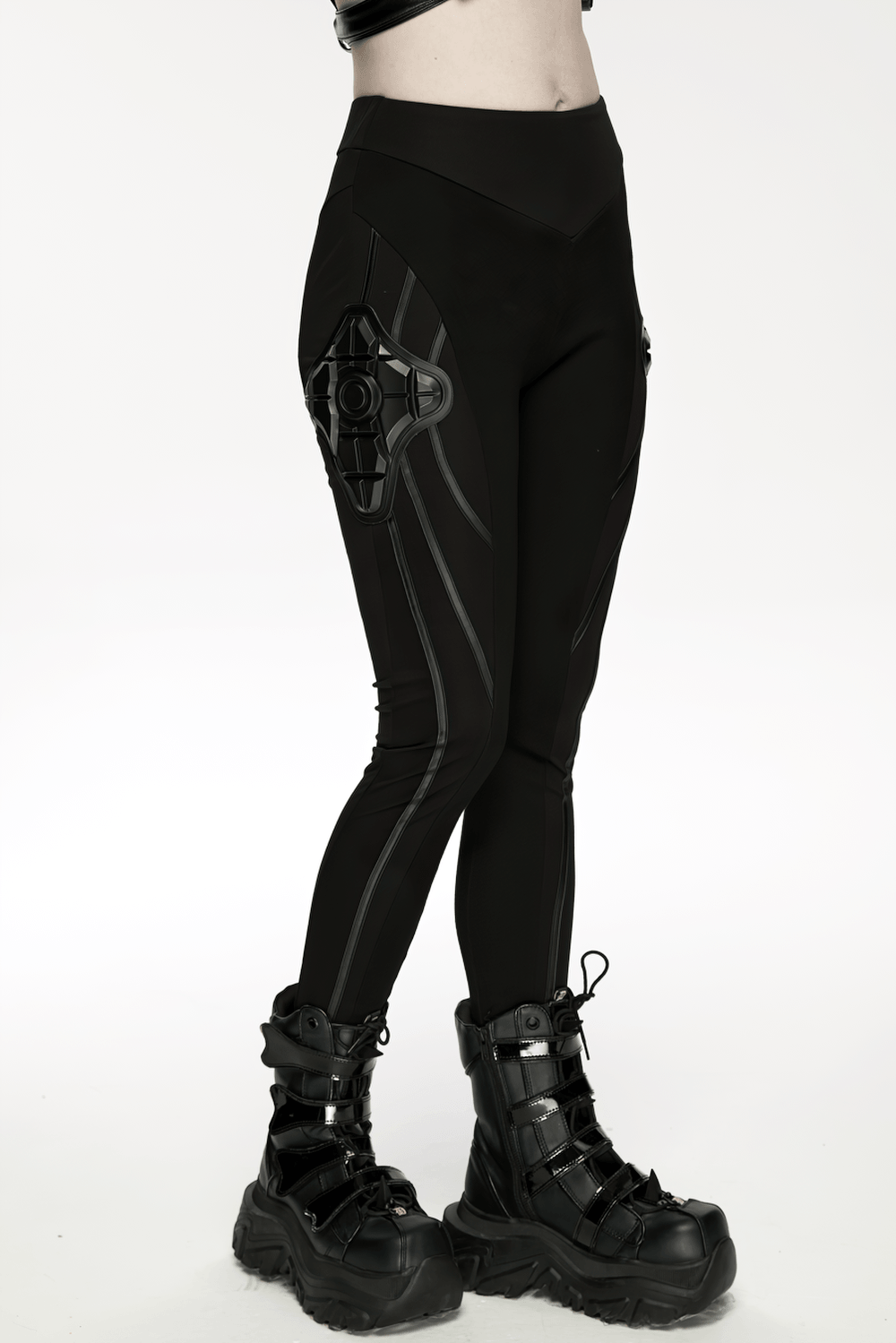 Black Cyberpunk Panel Leggings with 3D Side Armor