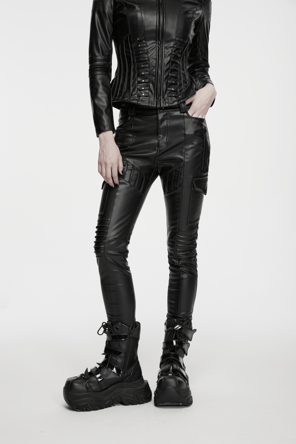 Black Cyberpunk Slim Cargo Pants with Pleated Panels