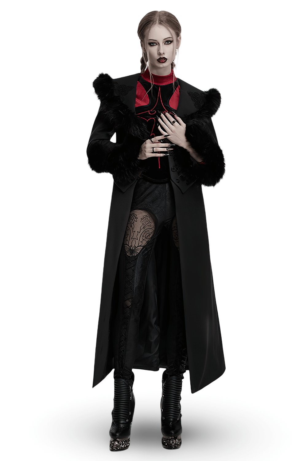 Black Detachable Two-Piece Coat with Fur Collar and Buckles