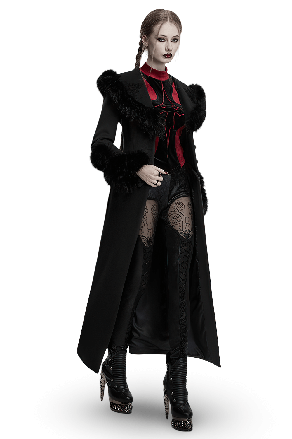 Black Detachable Two-Piece Coat with Fur Collar and Buckles