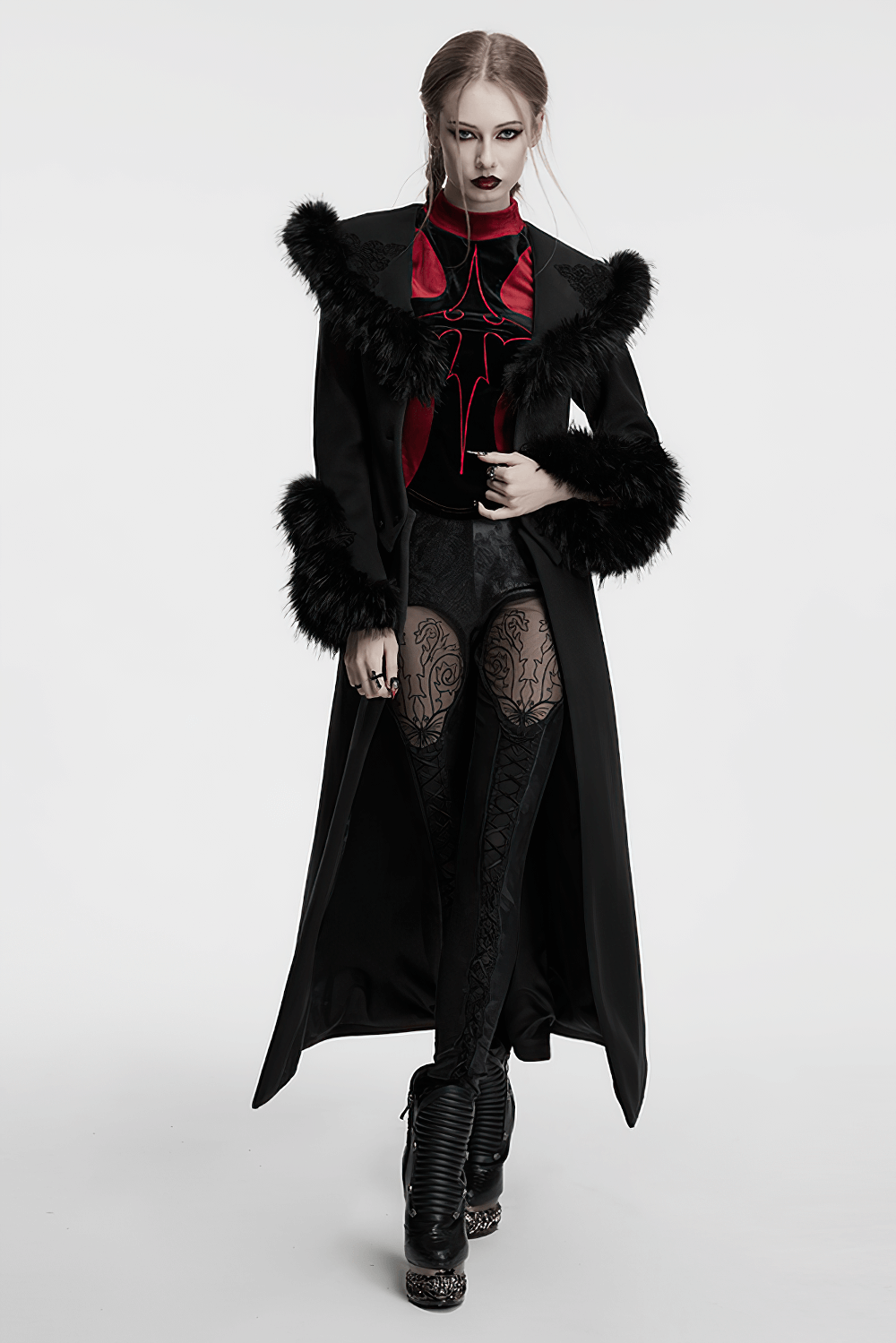 Black Detachable Two-Piece Coat with Fur Collar and Buckles