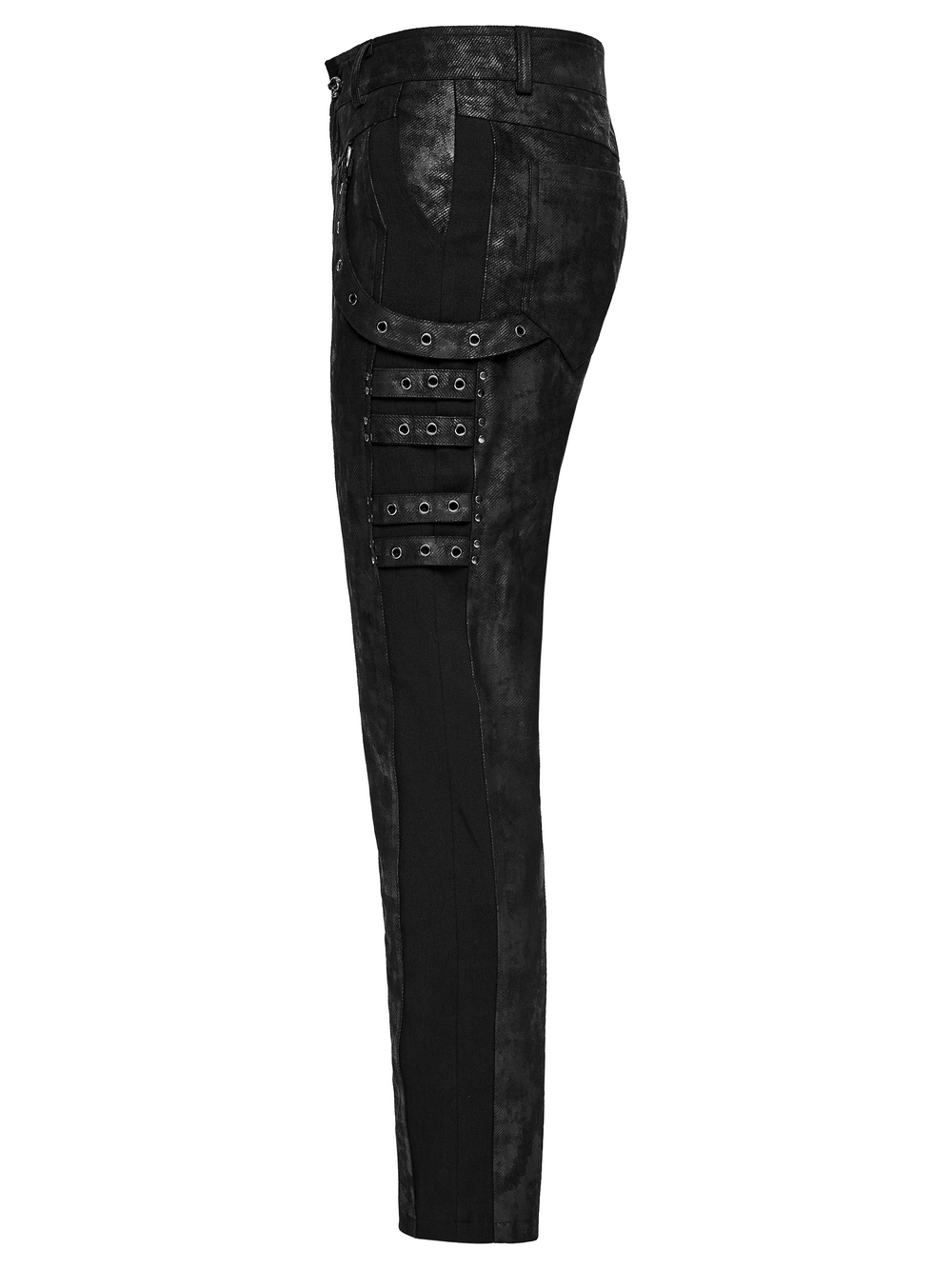 Black Distressed Twill Pants with Metal Eyelet Straps