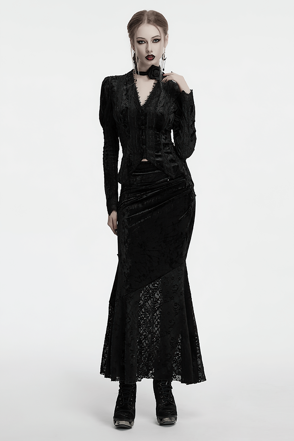 Black Elegant Lace Asymmetrical Skirt with Fishtail Design