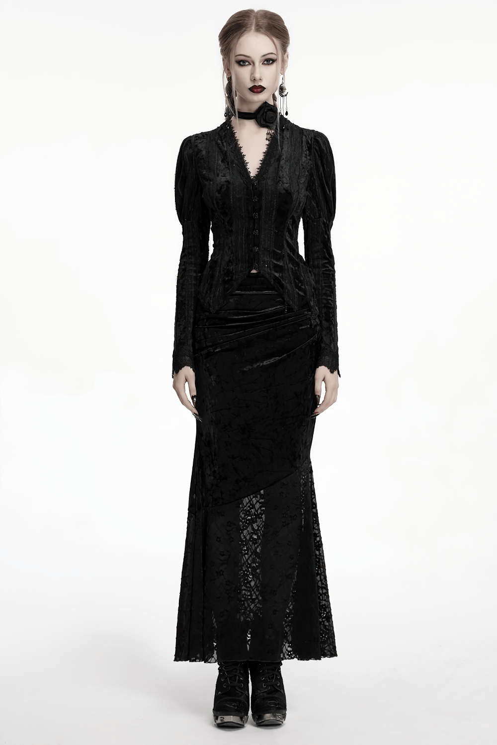 Black Elegant Lace Asymmetrical Skirt with Fishtail Design