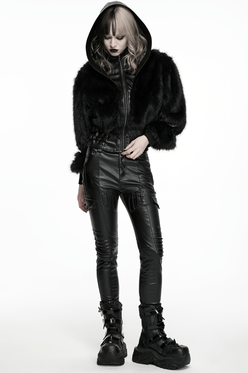 Black Faux Fur Hooded Jacket with Punk Leather Details