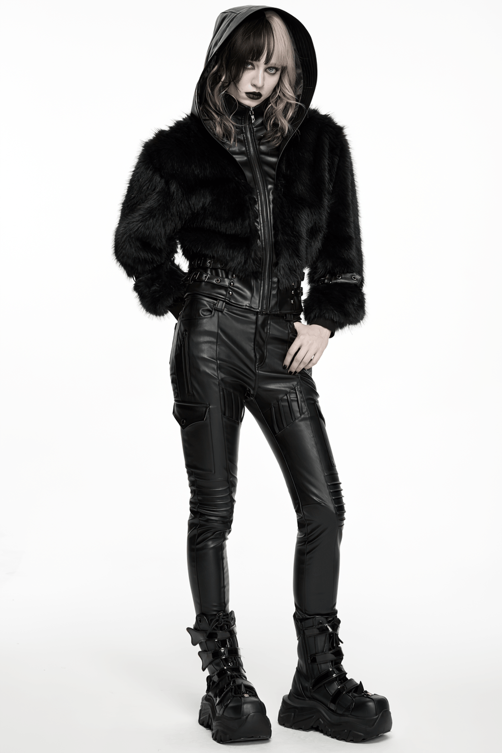 Black Faux Fur Hooded Jacket with Punk Leather Details
