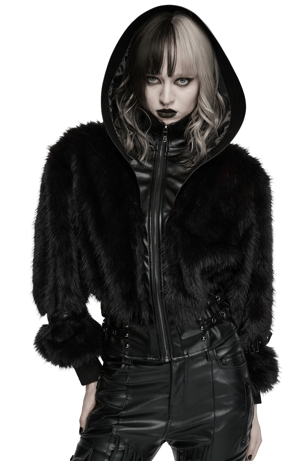 Black Faux Fur Hooded Jacket with Punk Leather Details