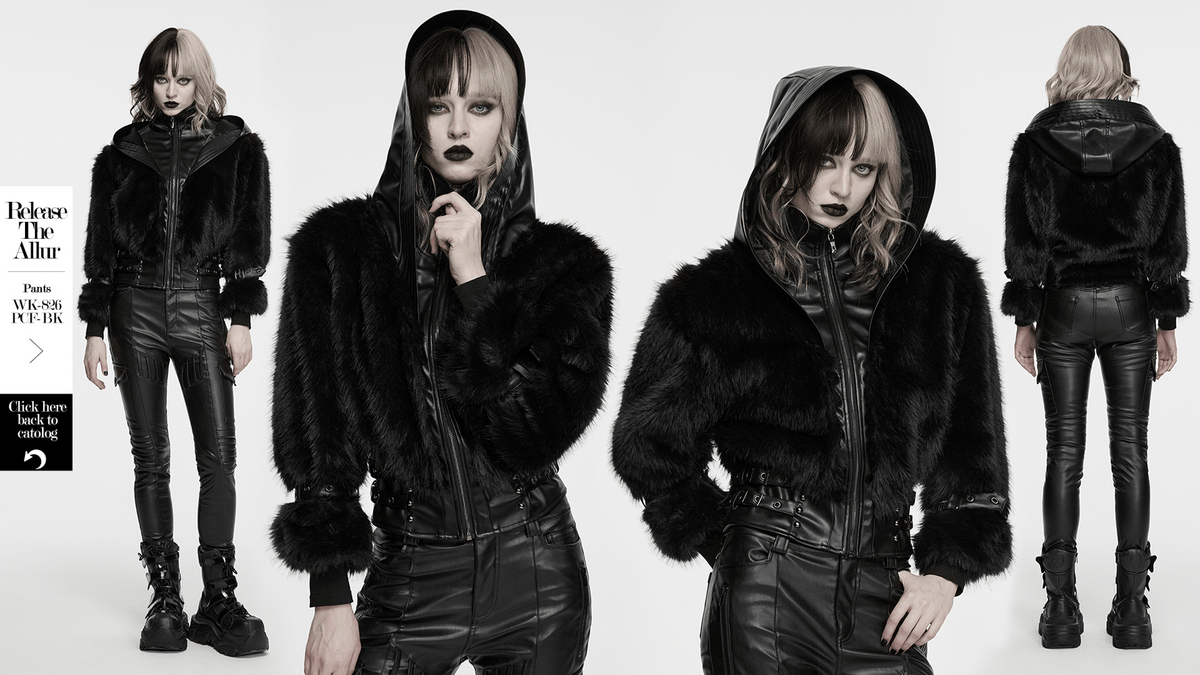 Black Faux Fur Hooded Jacket with Punk Leather Details