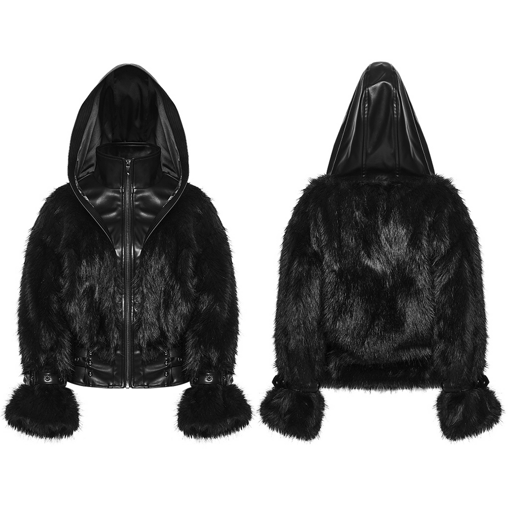 Black Faux Fur Hooded Jacket with Punk Leather Details