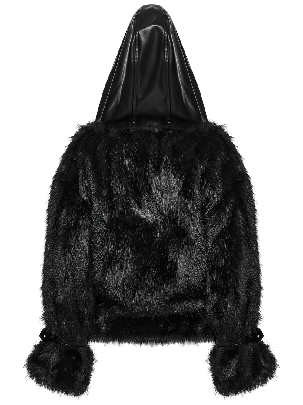 Black Faux Fur Hooded Jacket with Punk Leather Details