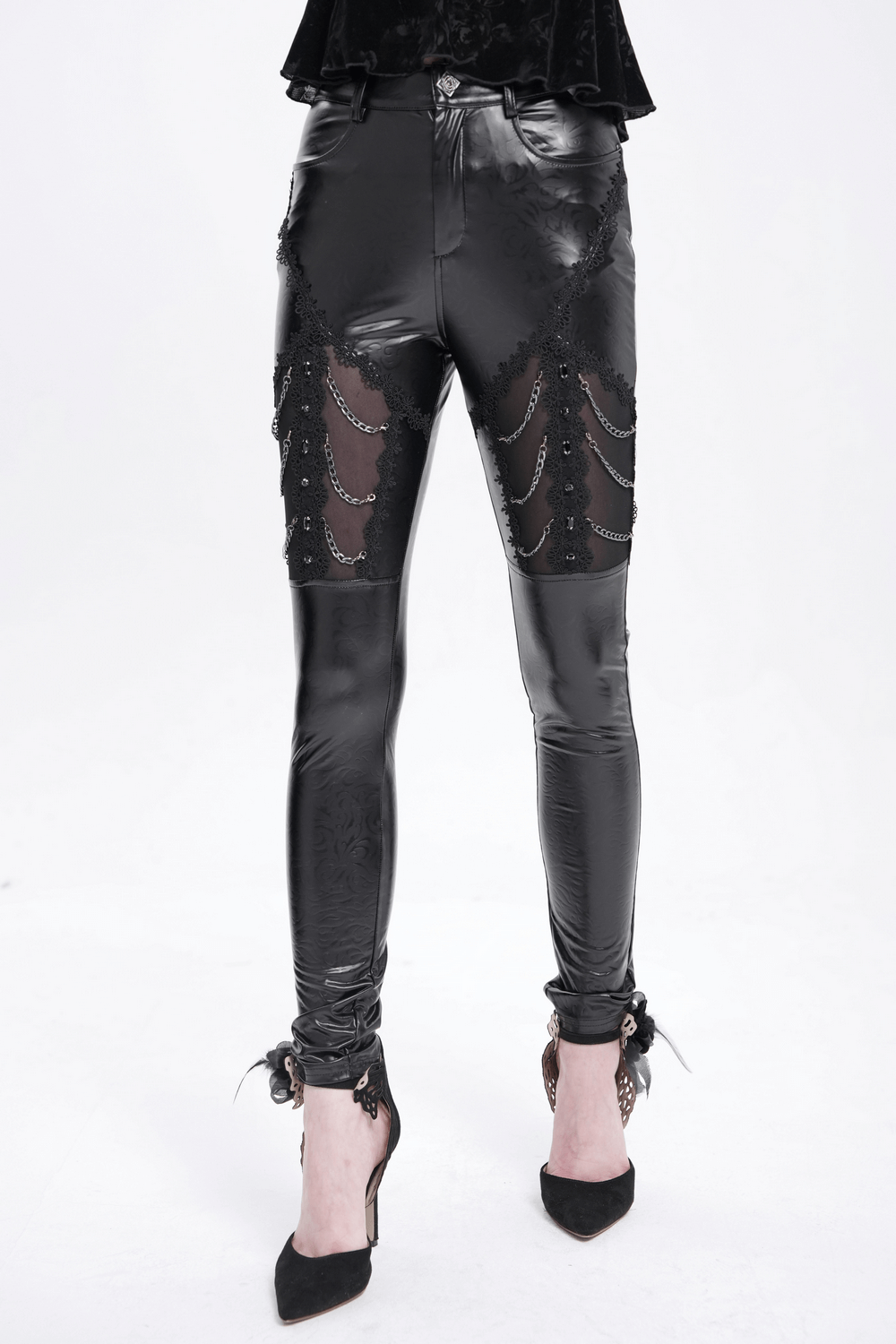 Black Faux Leather Pants with Chains and Sequin Details