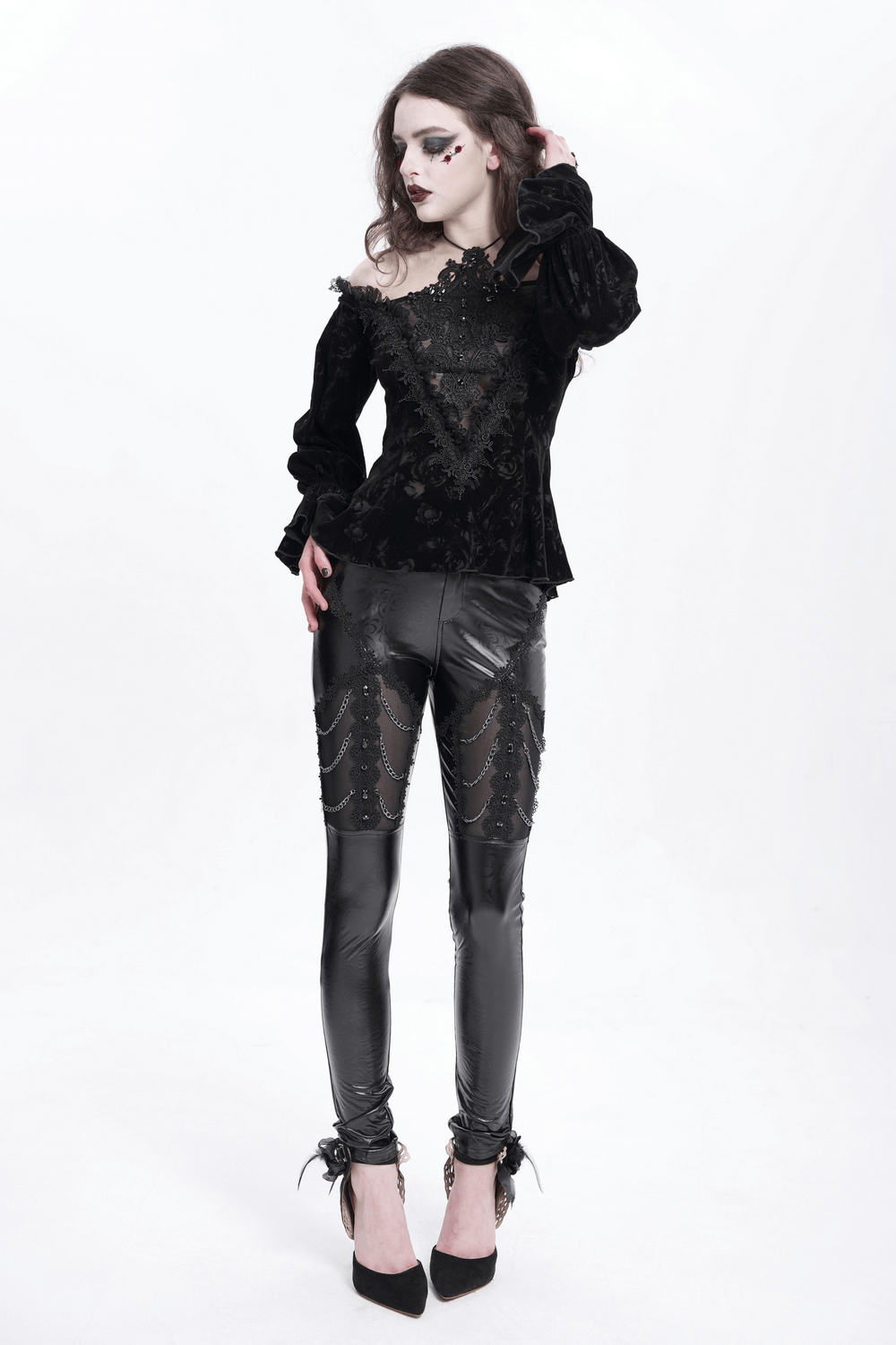 Black Faux Leather Pants with Chains and Sequin Details