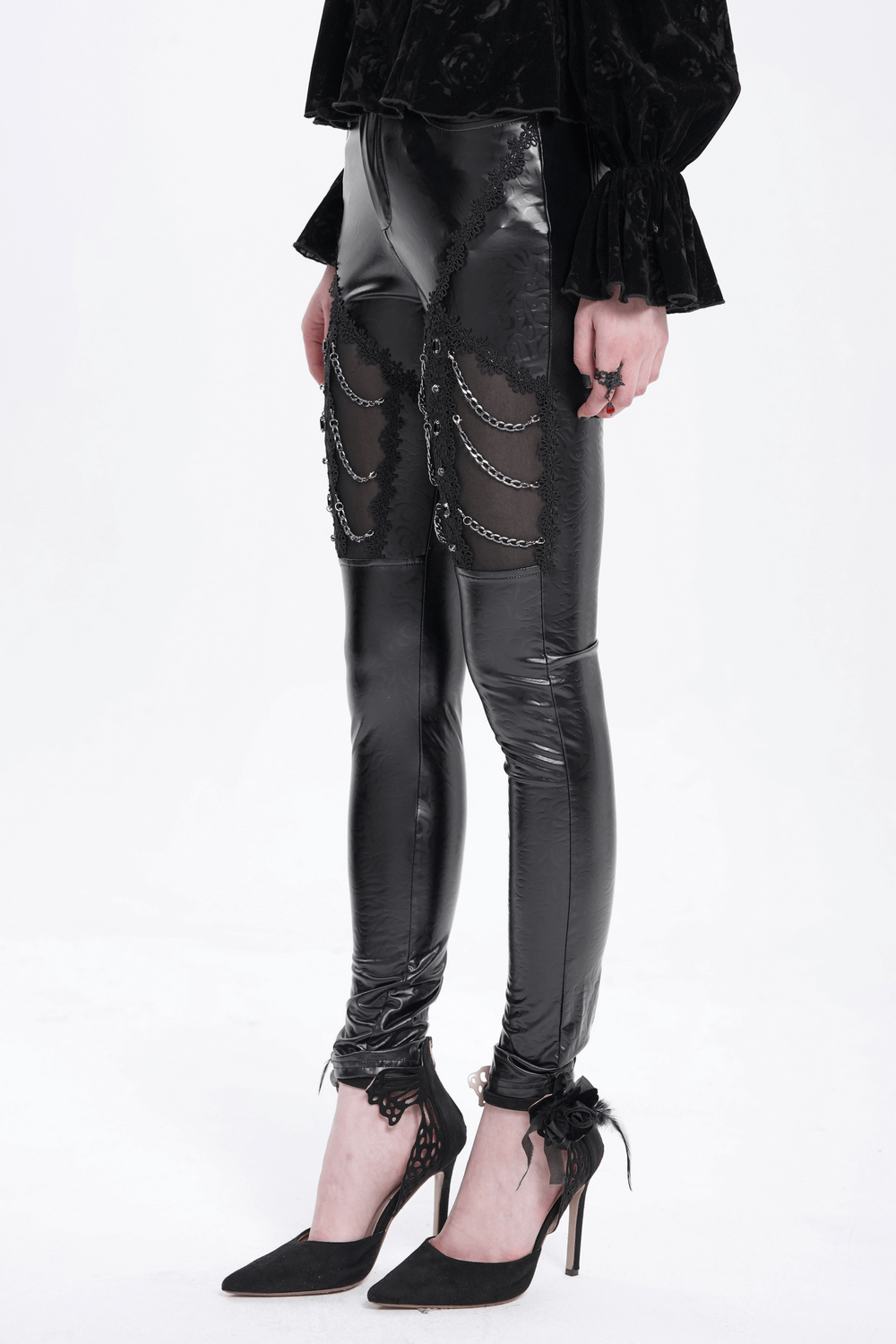 Black Faux Leather Pants with Chains and Sequin Details