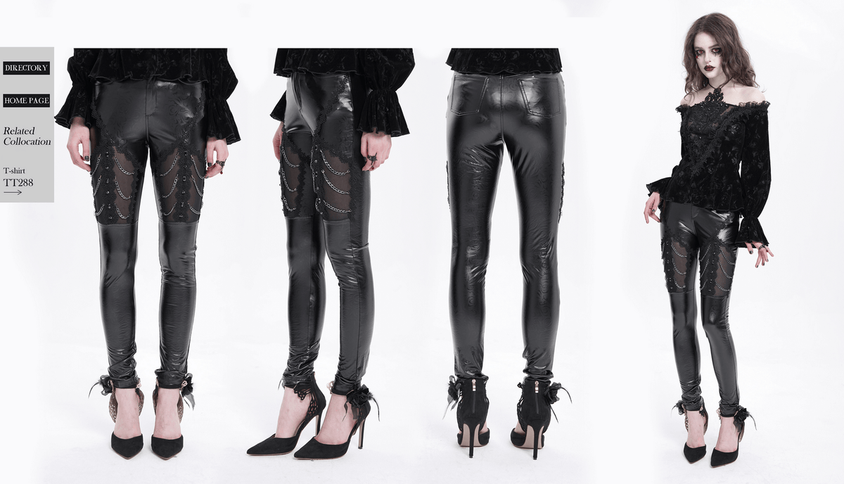 Black Faux Leather Pants with Chains and Sequin Details