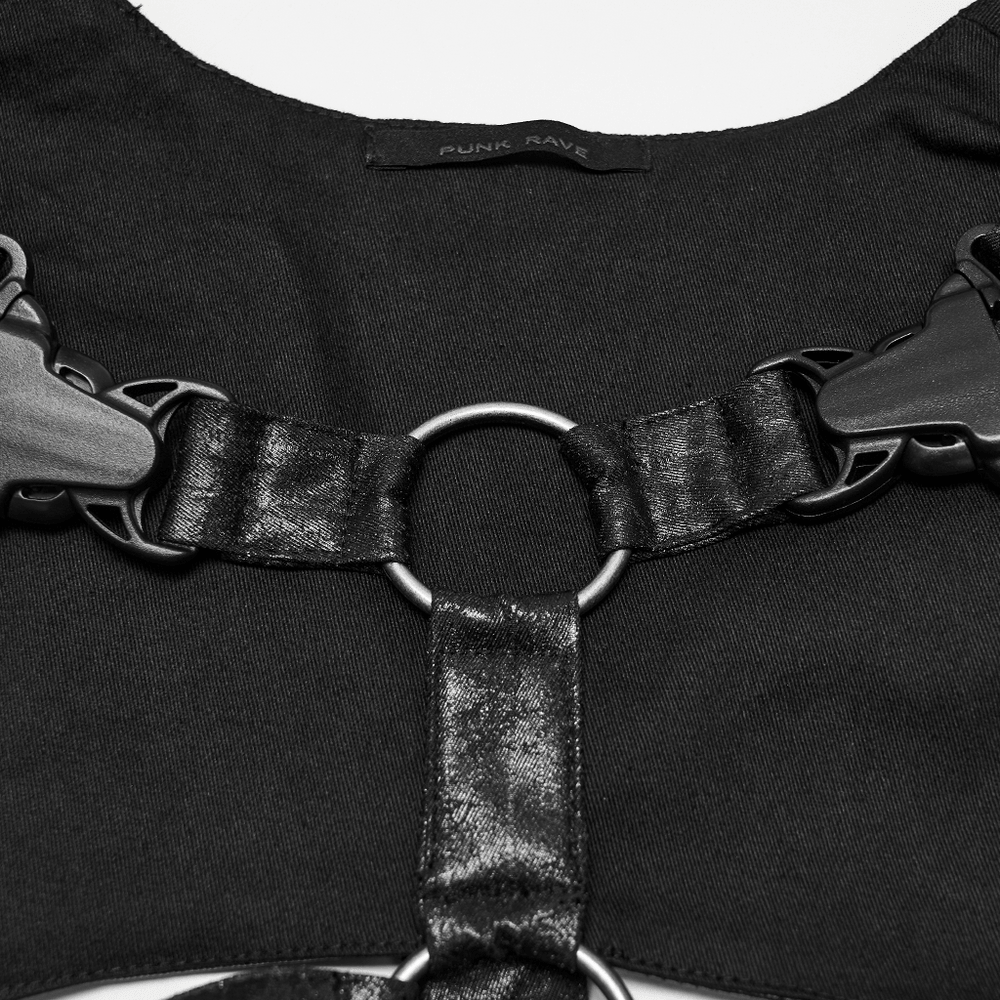Black Faux Leather Punk Harness with Metal Details