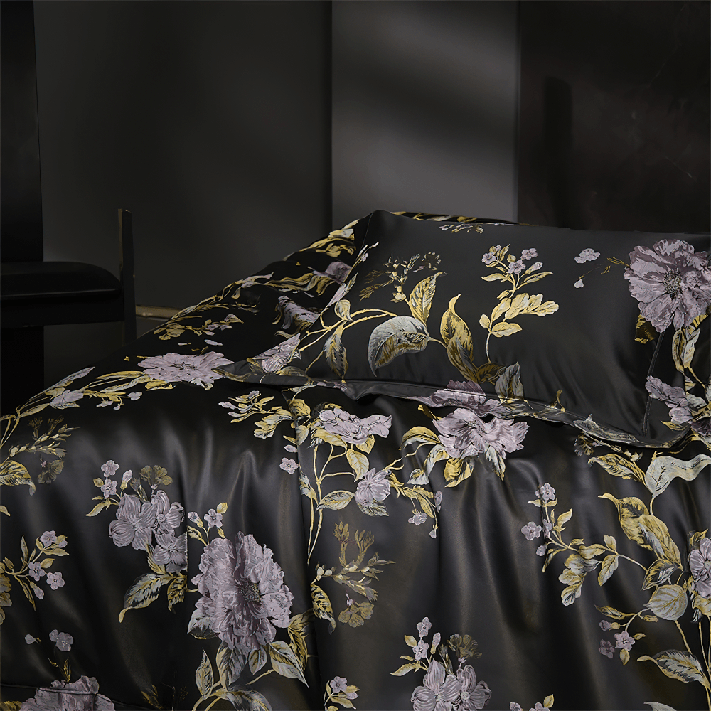 Black Floral Cotton Satin Bedding Set with Peonies