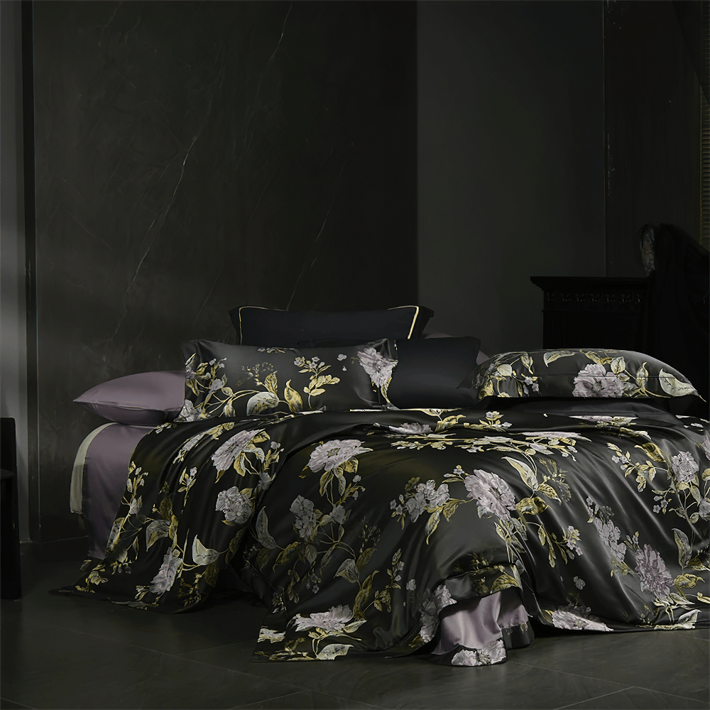 Black Floral Cotton Satin Bedding Set with Peonies