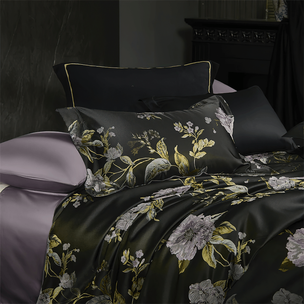 Black Floral Cotton Satin Bedding Set with Peonies