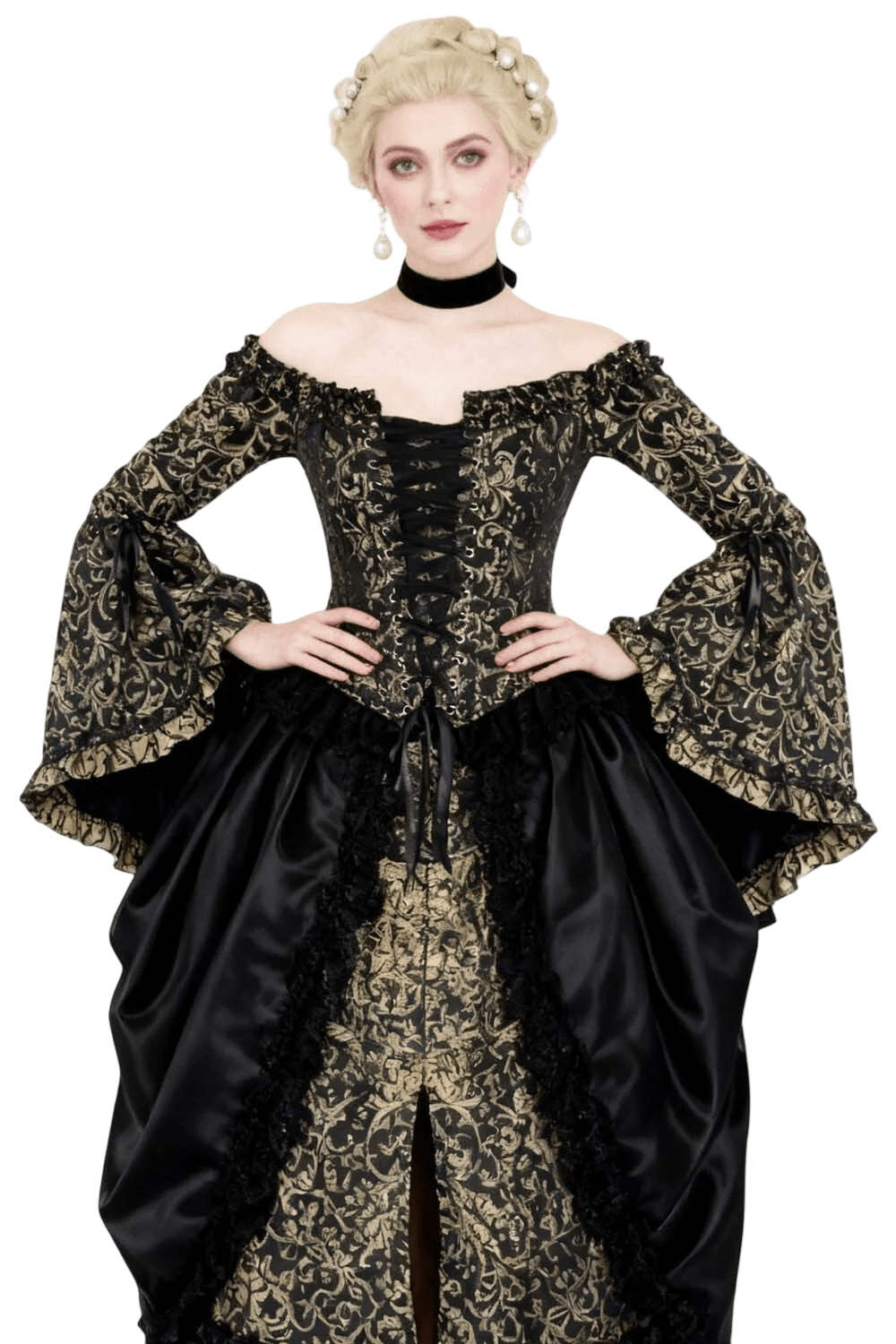 US SALE of Black Gold Baroque Corset Top with Off Shoulder Bell Sleeves