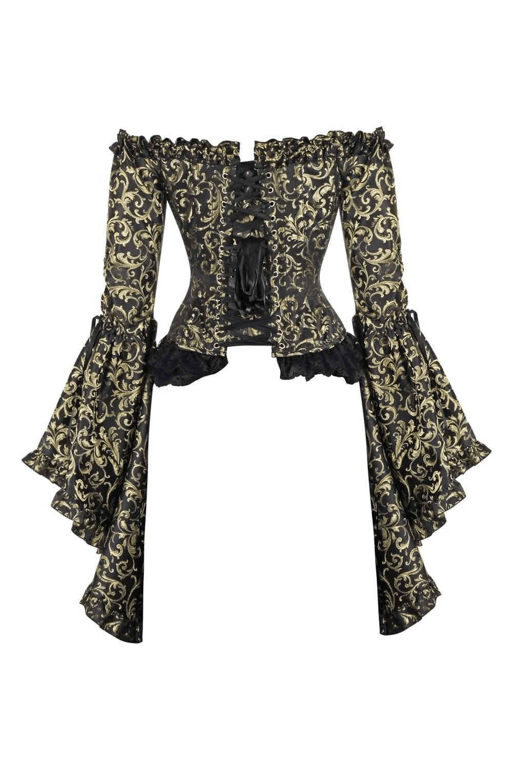 US SALE of Black Gold Baroque Corset Top with Off Shoulder Bell Sleeves