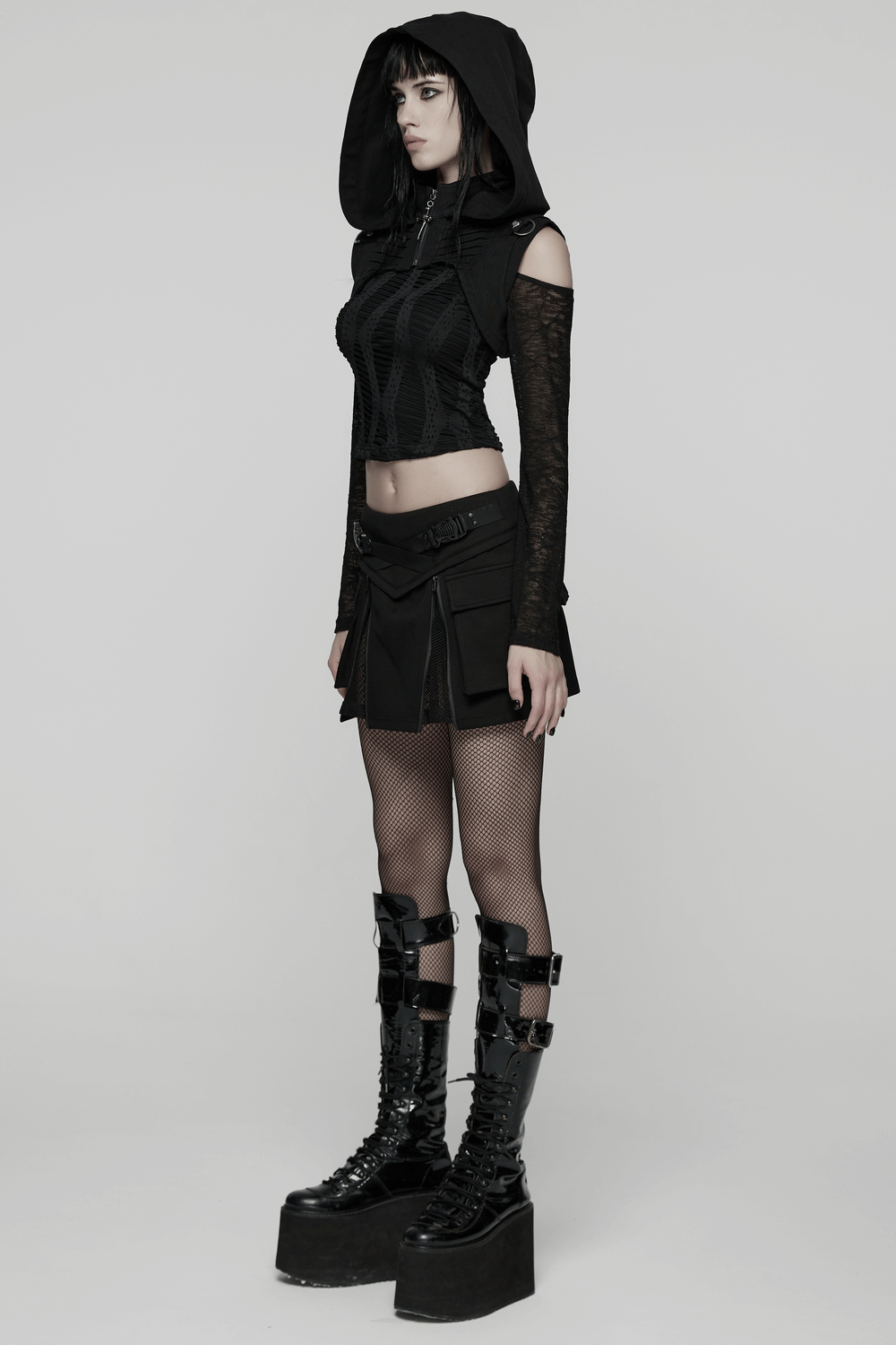Black Goth Hooded Capelet with Zipper and Stud Details