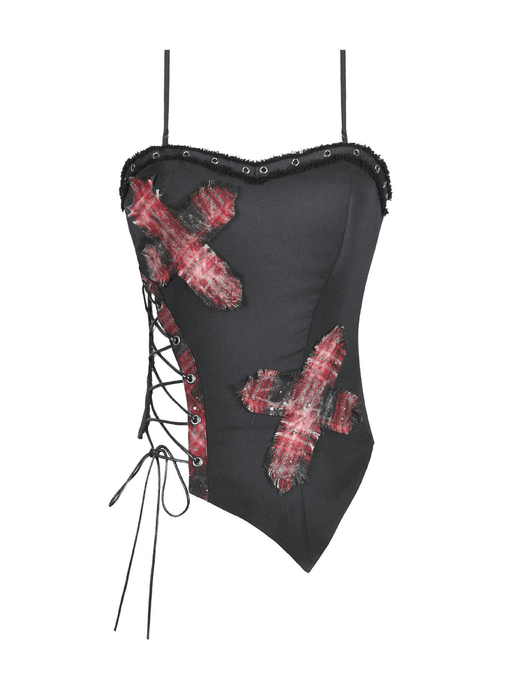Black Goth Punk Plaid Patch Top with Side Lace Up