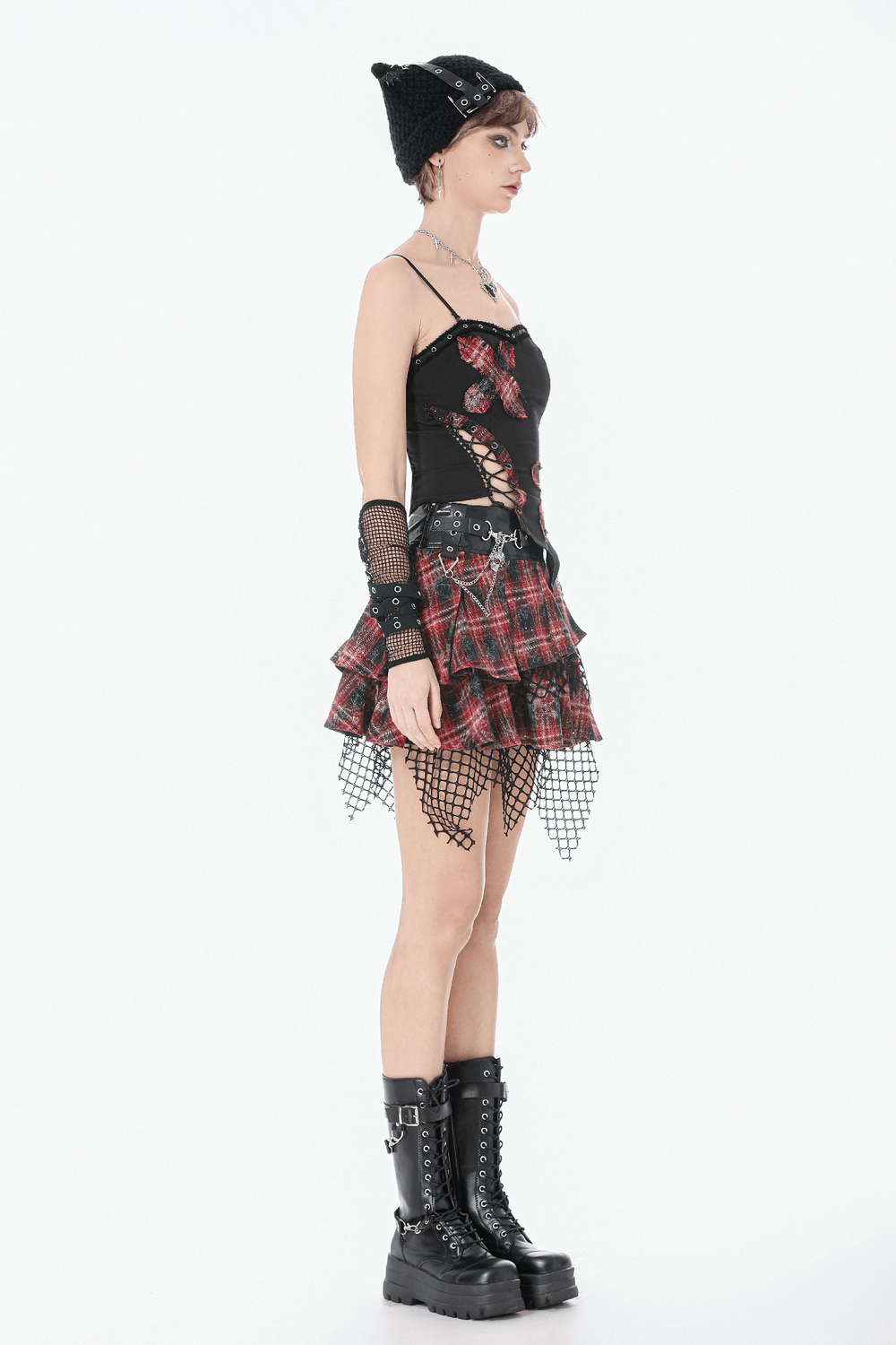 Black Goth Punk Plaid Patch Top with Side Lace Up