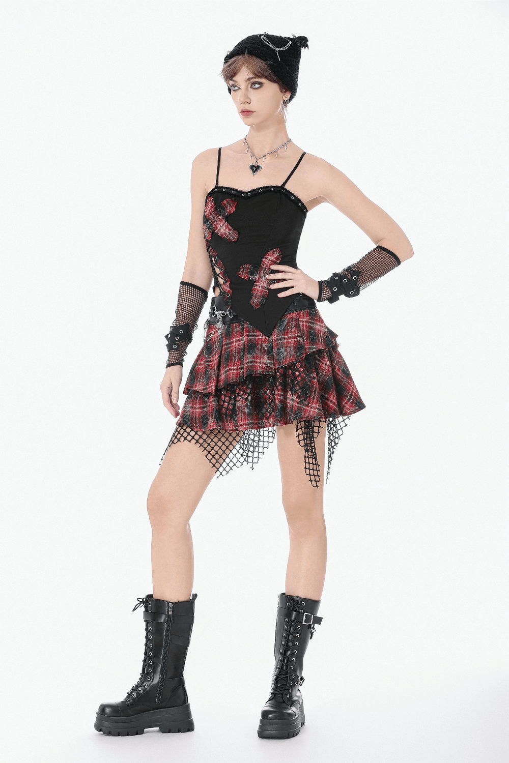 Black Goth Punk Plaid Patch Top with Side Lace Up