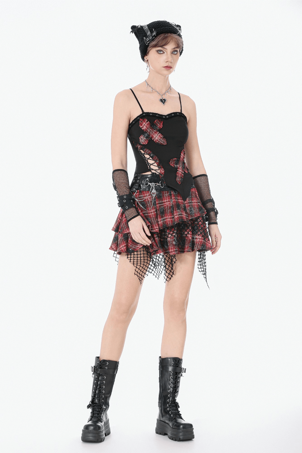 Black Goth Punk Plaid Patch Top with Side Lace Up