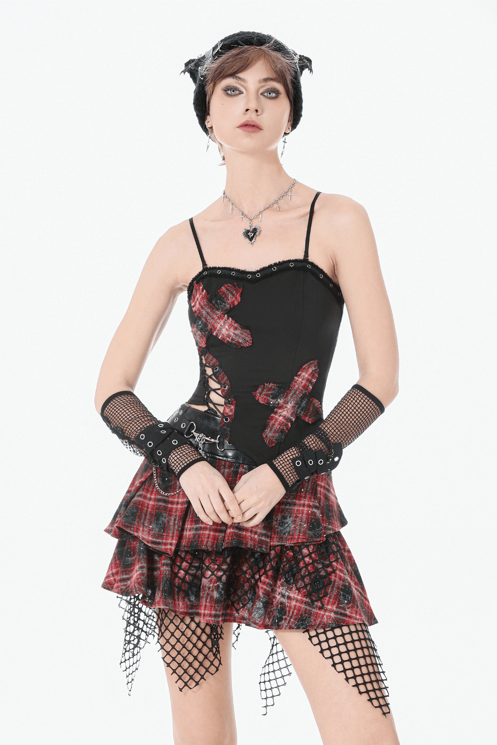 Black Goth Punk Plaid Patch Top with Side Lace Up